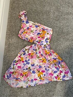 One-Shoulder Floral Casual Dress in Pink